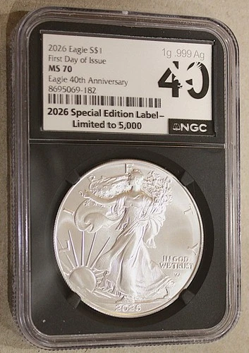 2026 S$1 AMERICAN SILVER EAGLE 40TH ANNIV. 1 Oz Ag FDOI NGC MS70 SPECIAL LABEL