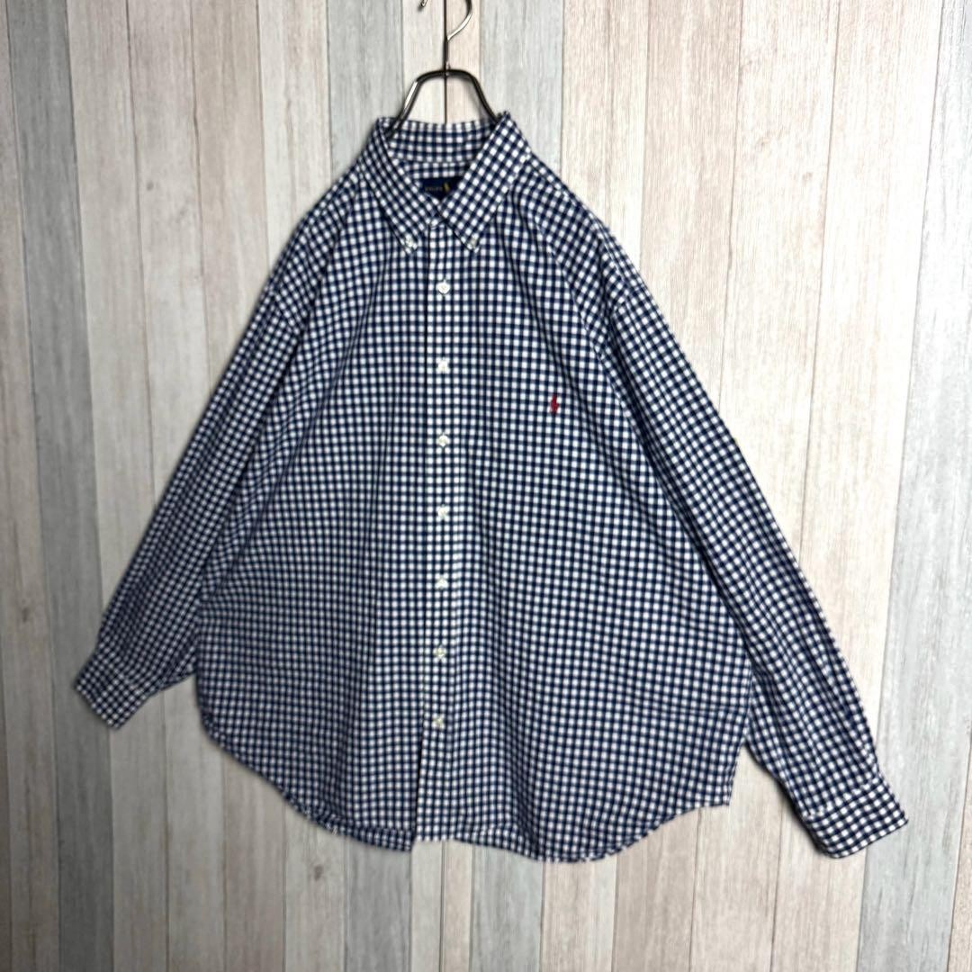 POLO Ralph Lauren 2XL Navy Gingham Check Button-Down Shirt, Vintage, Excellent image 4