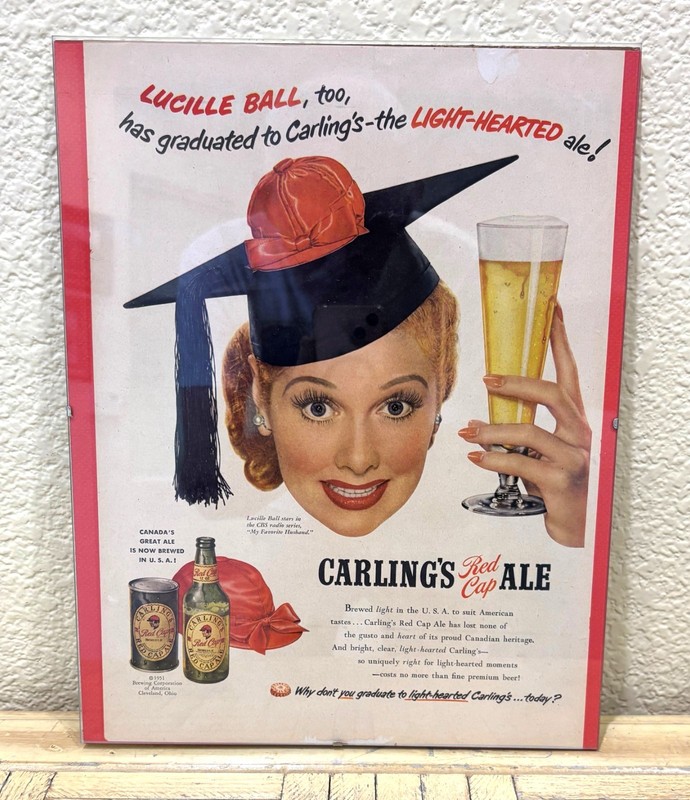 LUCILLE BALL CARLING'S RED CAP ALE PRINT AD MY FAVORITE HUSBAND 1951 VINTAGE
