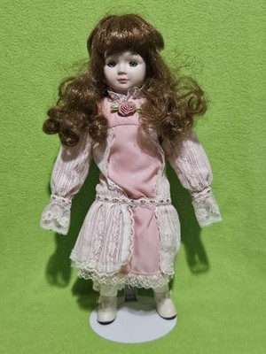 Vintage Victoria Impex Corp Porcelain 14'' Girl Doll In Pink Dress & Metal Stand!