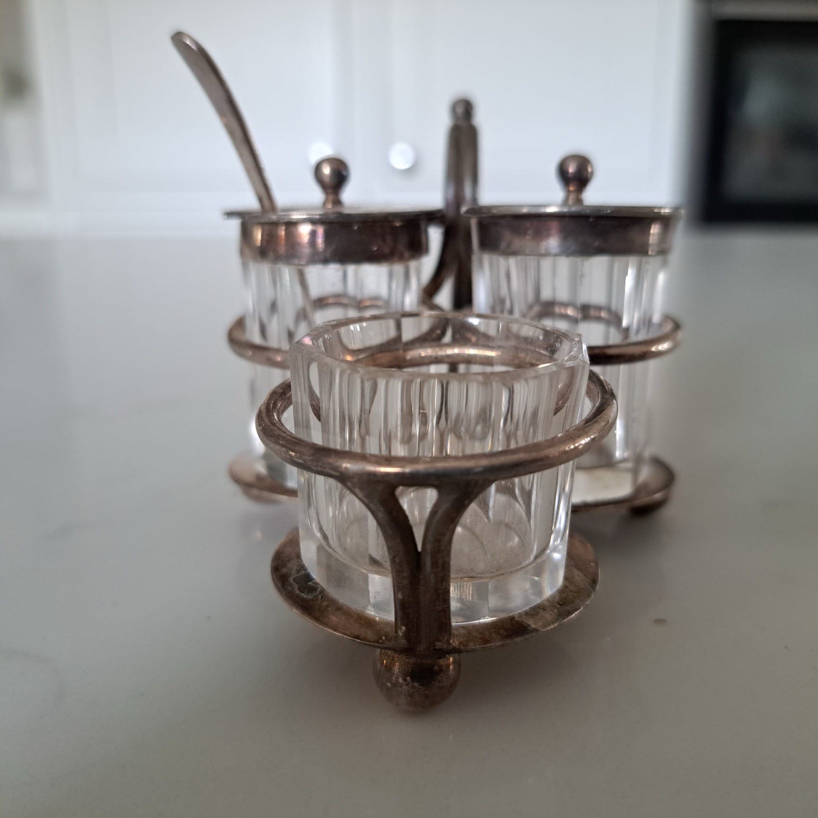 Antique EPNS Silver Plated Cruet Set with Glass Liners & Spoon – Victorian Style