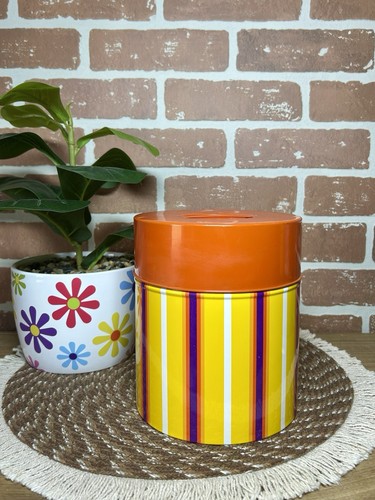 Vintage Canister Retro Stripe Metal Tin Yellow Orange Purple Large 70s Japan - Picture 1 of 10