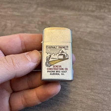 Vtg 1965 Zippo Slim Lighter Asphalt Paving Geneva Construction Co Aurora IL
