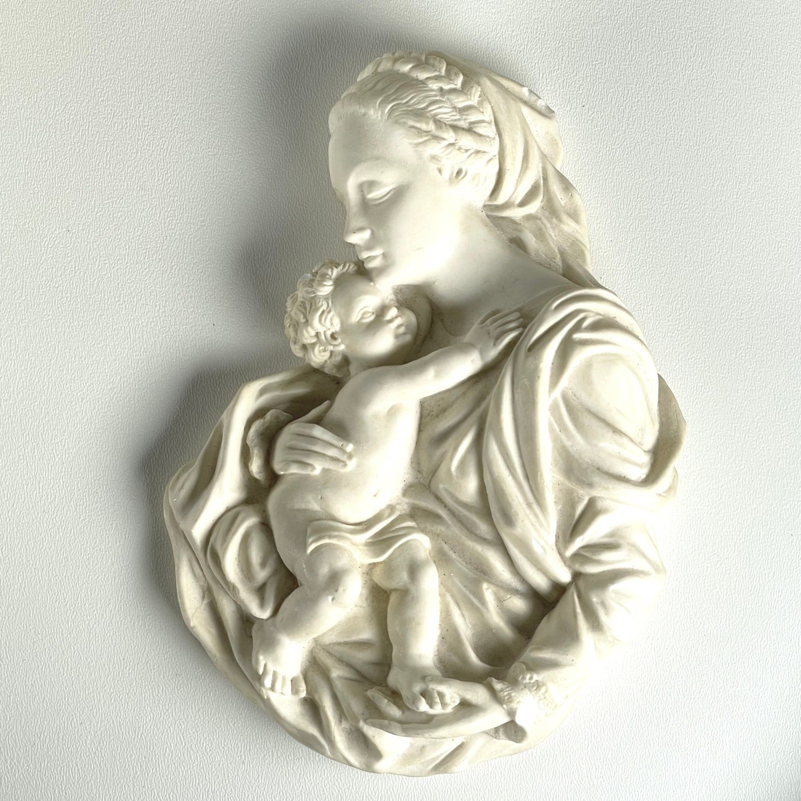 Vintage Mother Mary and Child Wall Plaque White Resin Art Deco Old World Italy