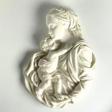Vintage Mother Mary and Child Wall Plaque White Resin Art Deco Old World Italy