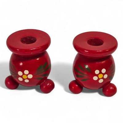 2 Scandinavian Wood Hand Painted Candlestick Holder Floral Ball Feet 1.75'' Hygge