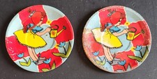 2 Vintage 1940s Ohio Art Childs Teacup Saucer Tin Lithograph Girl Watering Can