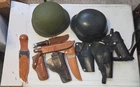 Lot WWII Military Helmet German and US Army Western Knife & Holster Lot Vintage