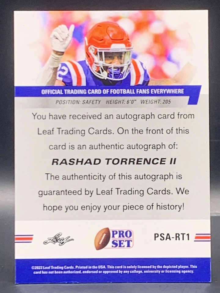 2022 Pro Set Draft #PSA-RT1 Rashad Torrence II Rookie Auto - Florida Gators - Image 2 of 2