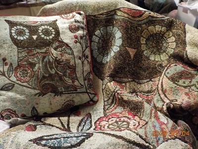 Wendy Bentley Milo Owl Branch tapestry 17x17'' pillow & throw blanket 60'' x 60''