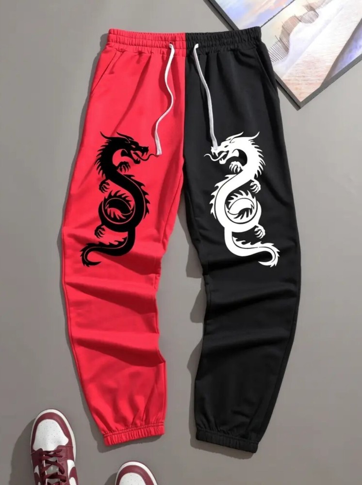 Japanese Dragon Print Black and Red Pants for Men Size Medium