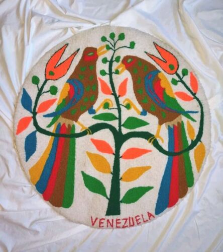 30" Vintage Hooked Rug Wall Art Tapestry Bohemian Decor Birds Boho Venezuelan