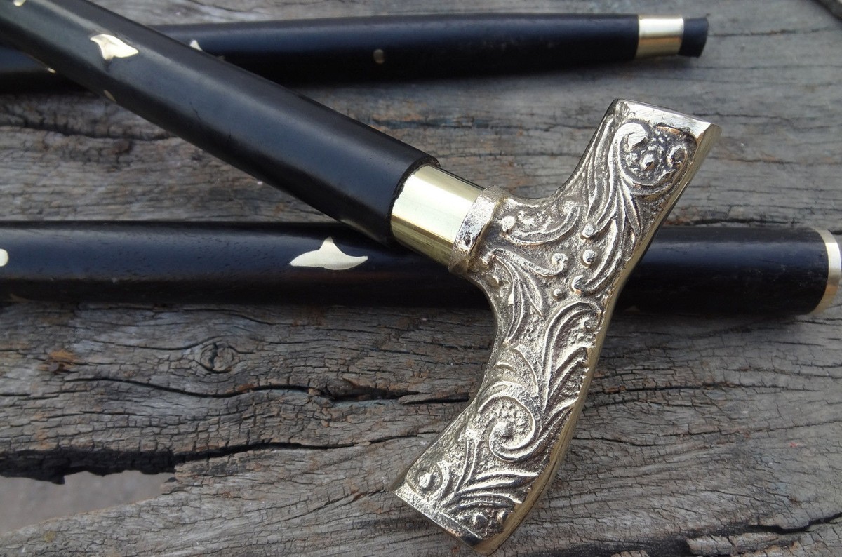 Vntage Sold Slver Brass Handle Antque Vctoran Cane Wooden Walkng