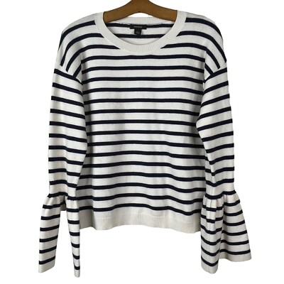Halogen Sweater Striped Pullover Crewneck Bell Sleeve Cozy White Blue Size  Small