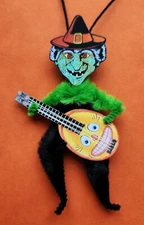 Witch and her Mandolin vintagey chenille halloween tree ornament