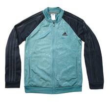 Adidas Jacket Sweatshirt Full Zip Fleece Lined 3 Stripes Print Blue Black S NWOT