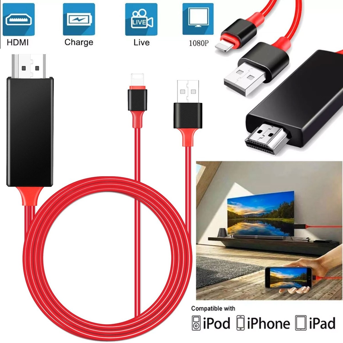 HDMI Mirror Cable Phone to TV Adapter For iPhone 8p 11 12 13 14 Pro Max  XR