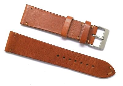 22mm 24mm Brown Leather Classic Style Men Watch Band Handmade Silver Tone Buckle
