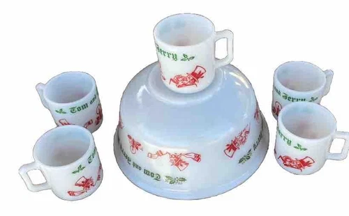 Vintage Hazel Atlas Tom and Jerry Christmas Carriage Eggnog Punch Bowl 5 Mug Set
