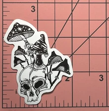Skull With A Mushroom Patch Inside - Vinyl Decal Sticker Black & White Hippie