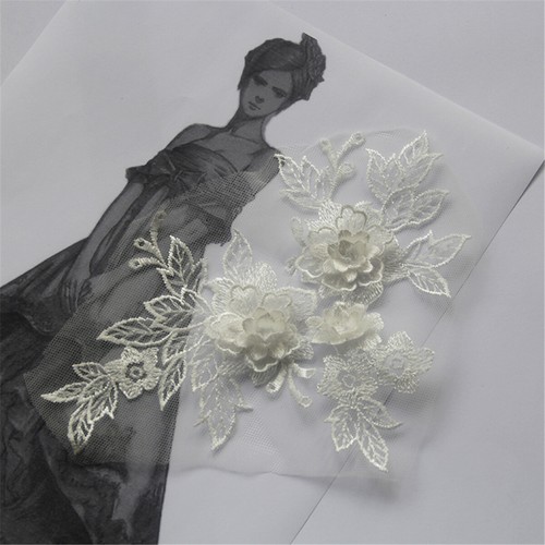 2pcs 3D Embroidery Flower Lace Bridal Applique Lace Tulle Wedding Dress Decor - Picture 12 of 20