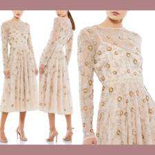 NWT 598 Mac Duggal 6 Beaded Floral Long Sleeve Midi Dress in Nude Q550