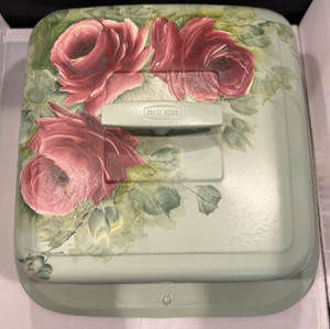 Vintage Handpainted Square Metal Cake Cover Taker Carrier Green Roses West Bend