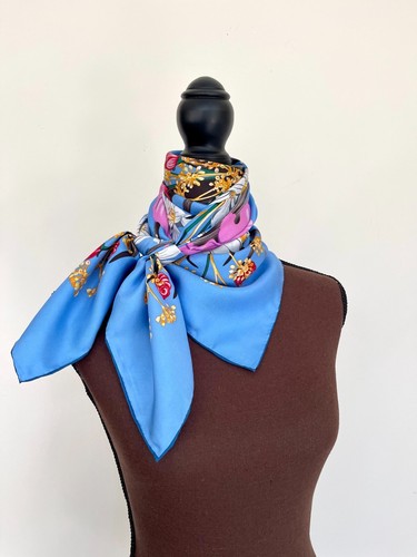 New Salvatore Ferragamo Scarf Floral Garden Sky Blue Pink Multicolor Silk Wrap - Picture 11 of 14