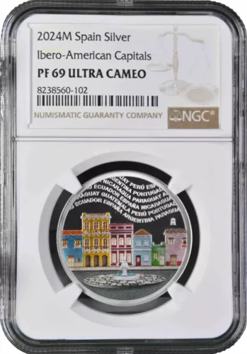 Spain silver medal 2024, NGC PF69 UC, "XII Ibero-American Series - Capitals"