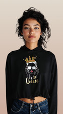 Queen Graphic Crown Print Black Cropped Drawstring Hoodie