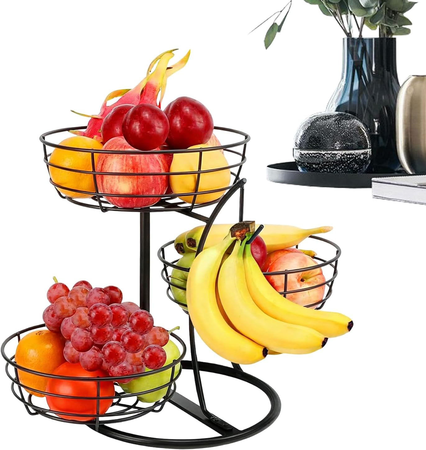 Panier à fruits 3 étages en métal noir mat pour rangement de cuisine