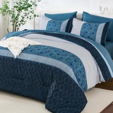 Navy Blue King Size Comforter Set,Striped Bed in a Bag King 7 Pieces Soft Microf