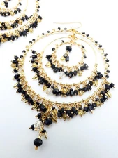 EXQUISITE Triple Rings Black Citrine Crystals Gold Plated Chandelier Earrings