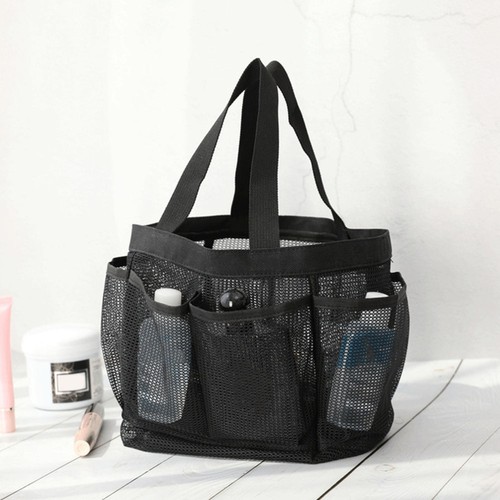 Multi-pocket Beach Tote Bag Travel Toiletry Storage Bag Net Mesh Bag (Black) - Picture 3 of 12