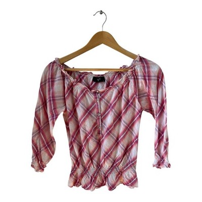 Sisters Point Bluse S Karo Carmen rosa weiß Baumwolle Smok Volant Vintage Style