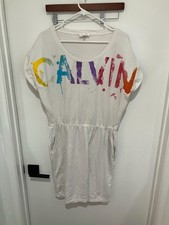 Calvin Klein Women's Logo Printed T-Shirt Summer Dress, White Multi, Size XL