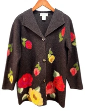 VTG Susan Bristol Hand Embroidered Floral Wool Cardigan Jacket Women's L Boho