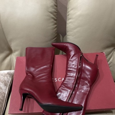 ESCADA Red Leather Mid-Calf Stiletto Pointed Toe Bootie with Zipper