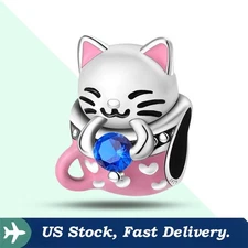 KUNSIR 925 Sterling Silver Charm For Bracelet Cute Cat Bead Charm Jewelry DIY