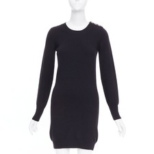 CHANEL 100% cashmere black gold CC logo turnlock shoulder sweater dress FR34 XS