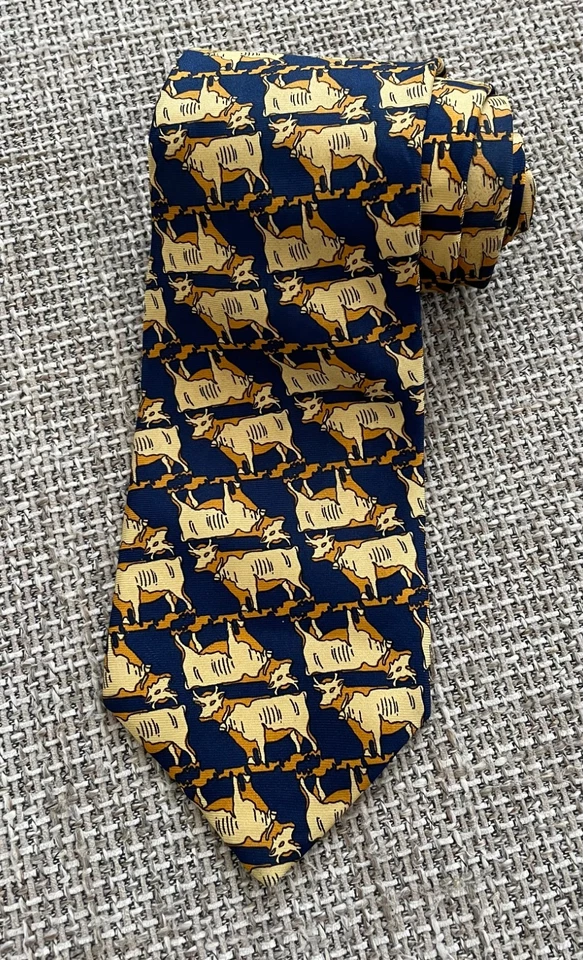 正品复古 SONIA RYKIEL 蓝色黄色奶牛丝绸领带法国制造 — 第 4/4 张图片