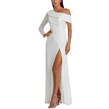 Mac Duggal 26571 White Evening Gown Sequined One Shoulder A-Line Dress Size 8