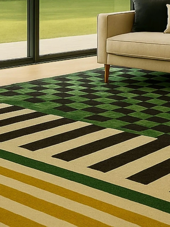 Tapis touffeté à la main - design en damier avec rayures audacieuses - Photo 3/4