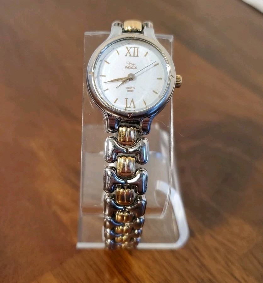 Rare Timex Indiglo Women Watch Silver & Gold Tone Stainless White Dial Quartz