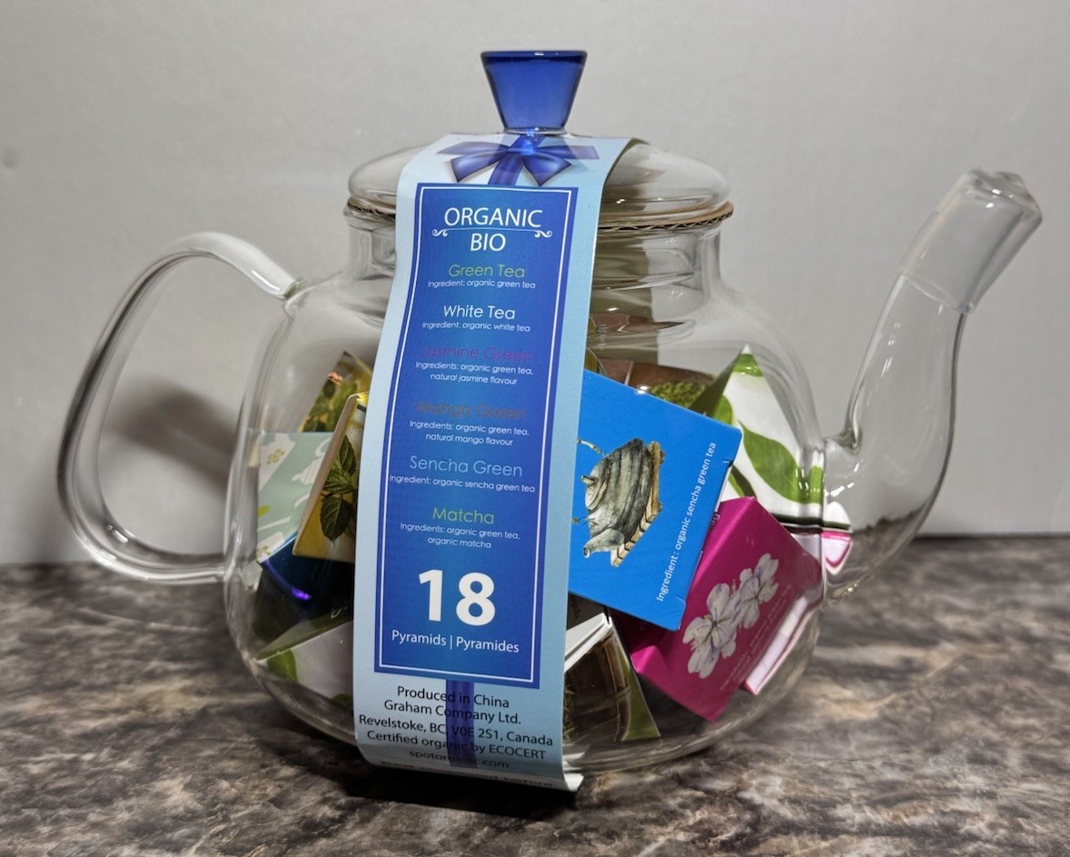 SPOT ORGANIC TEA CLEAR HAND BLOWN BOROSILICATE GLASS TEAPOT WITH 18 TEABAGS