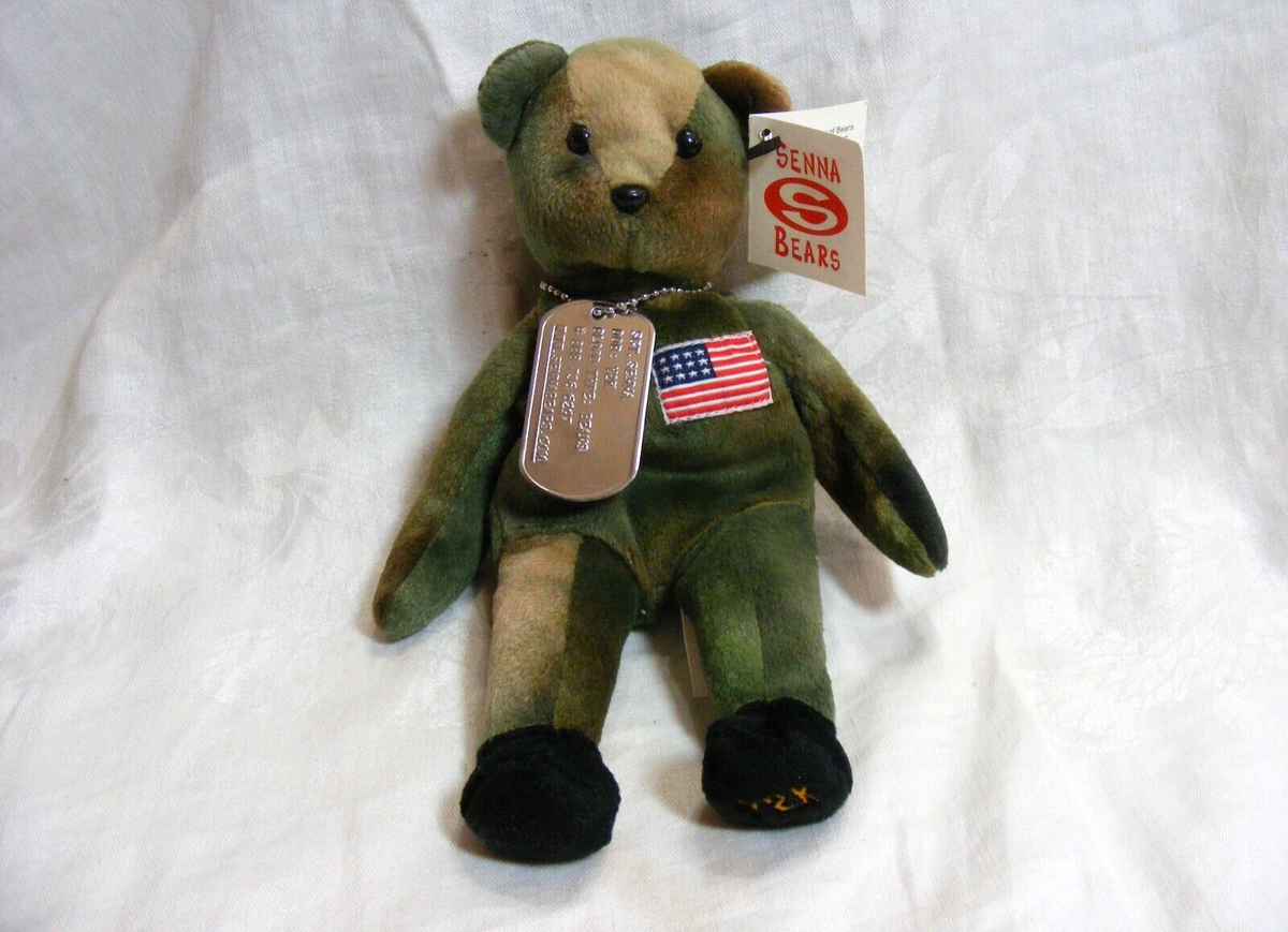 Vintage 1999 Senna Bears SGT. Senna Y2K Camo Bear with Dogtag 4-f