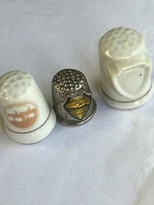 Vintage Lot Of 3 Thimbles - Pewter/Montana, Porcelain/Wyoming and unmarked