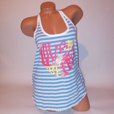 No Boundaries Tank Top Medium Love and Be Free Blue White Stripe Crochet Back