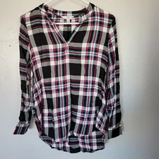 Time and Tru Small 4 6 Black White Magenta Teal Plaid Long Sleeve Shirt Roll Tab