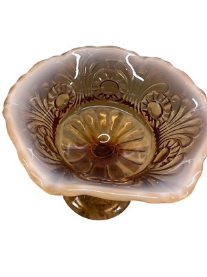 Vtg Fenton Amber Opalescent Glass Compote Candy Dish Cameo Eye & Scroll Design